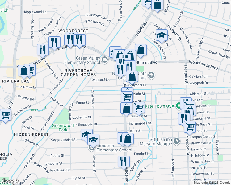 map of restaurants, bars, coffee shops, grocery stores, and more near 13350 Hollypark Drive in Houston