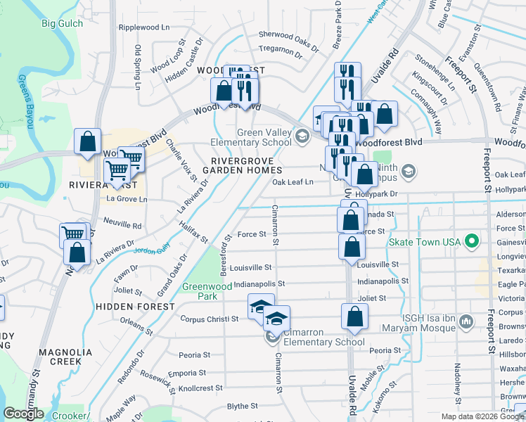 map of restaurants, bars, coffee shops, grocery stores, and more near 13214 Hollypark Drive in Houston