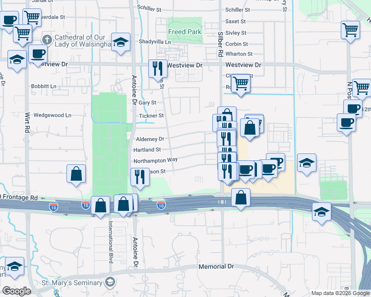 map of restaurants, bars, coffee shops, grocery stores, and more near 6919 Hartland Street in Houston