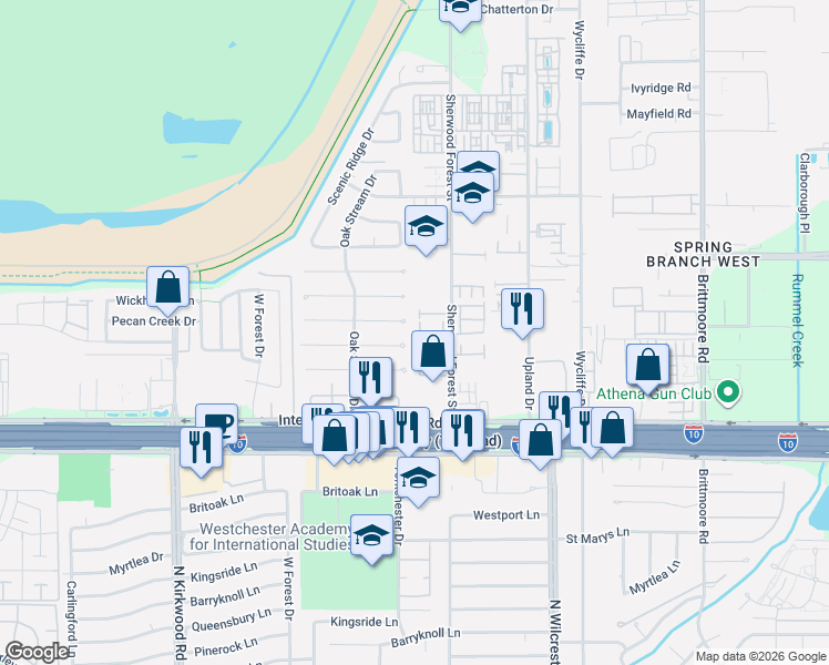 map of restaurants, bars, coffee shops, grocery stores, and more near 11207 Valley Stream Drive in Houston