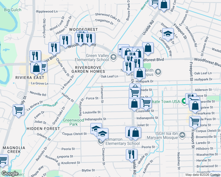 map of restaurants, bars, coffee shops, grocery stores, and more near 13326 Hollypark Drive in Houston
