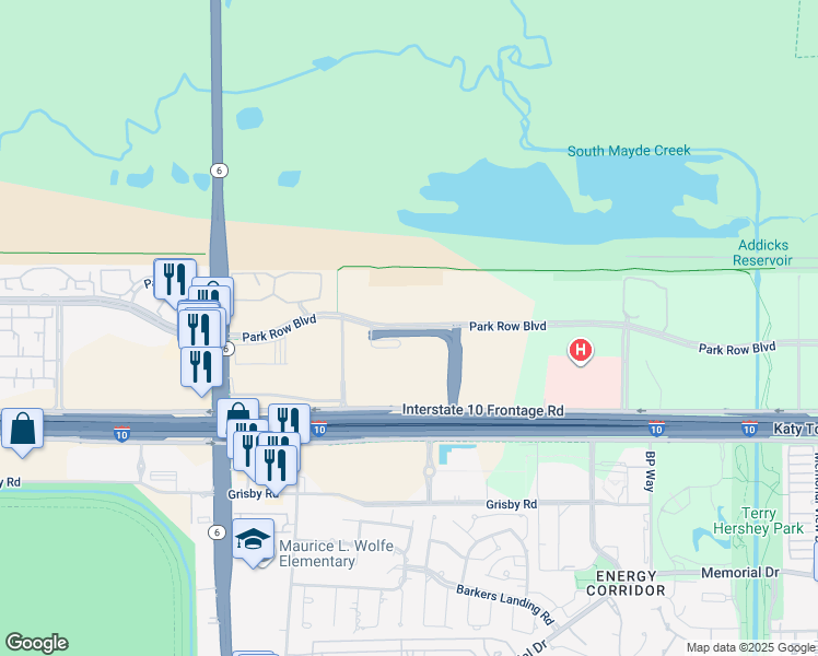 map of restaurants, bars, coffee shops, grocery stores, and more near Park Row Boulevard in Houston
