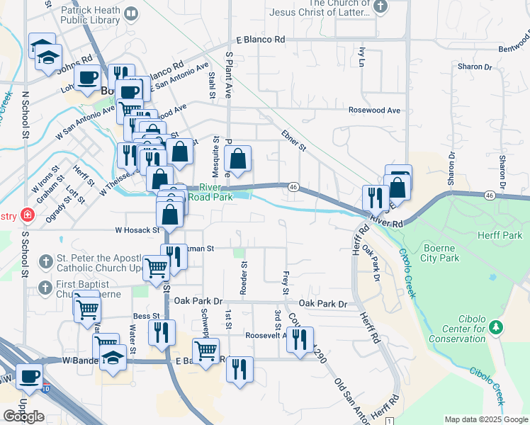 map of restaurants, bars, coffee shops, grocery stores, and more near 110 Greyhound Circle in Boerne