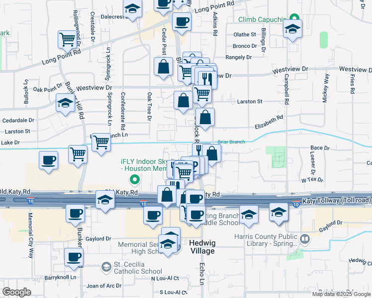 map of restaurants, bars, coffee shops, grocery stores, and more near 1111 Blalock Road in Houston