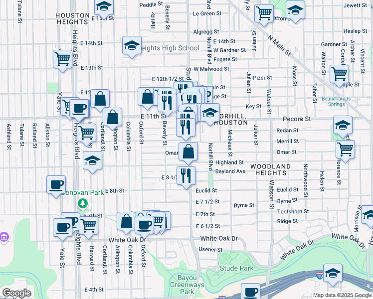 map of restaurants, bars, coffee shops, grocery stores, and more near 927 Studewood Street in Houston