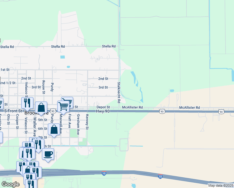 map of restaurants, bars, coffee shops, grocery stores, and more near 3102 4th Street in Brookshire