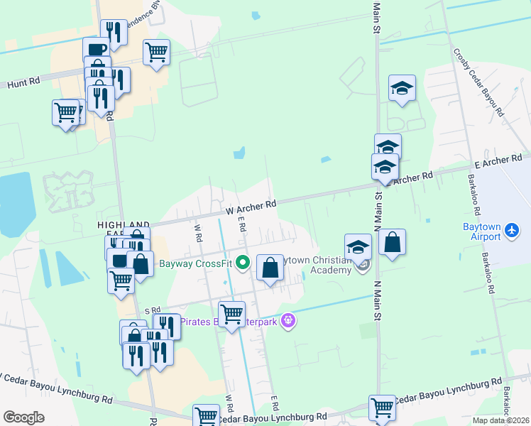 map of restaurants, bars, coffee shops, grocery stores, and more near 503 West Archer Road in Baytown