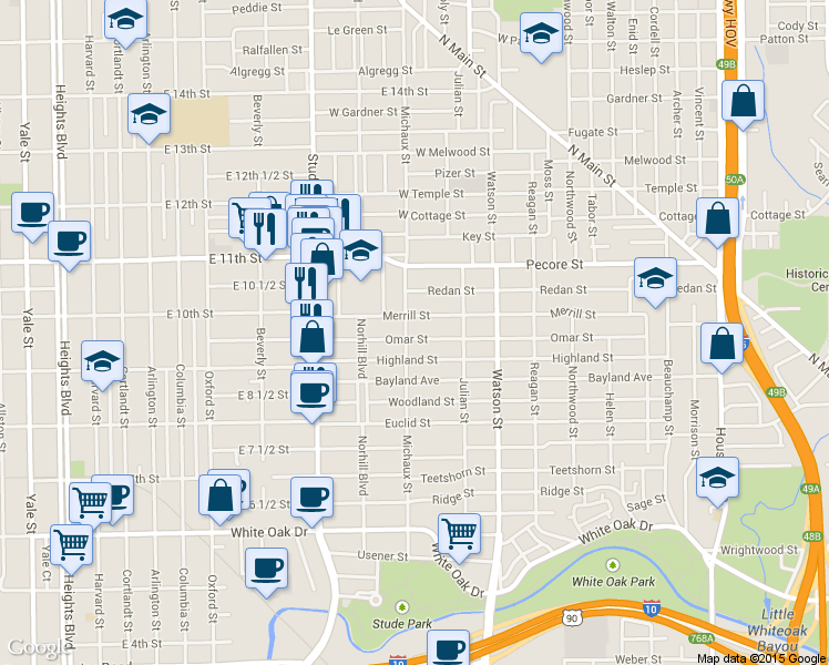 map of restaurants, bars, coffee shops, grocery stores, and more near 935 Omar Street in Houston