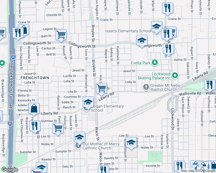 map of restaurants, bars, coffee shops, grocery stores, and more near 3023 Amboy Street in Houston