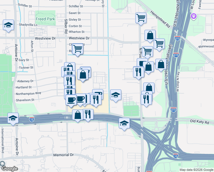 map of restaurants, bars, coffee shops, grocery stores, and more near 1124 Mosaico Lane in Houston