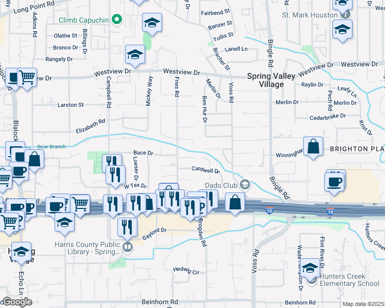 map of restaurants, bars, coffee shops, grocery stores, and more near 8802 Croes Drive in Houston