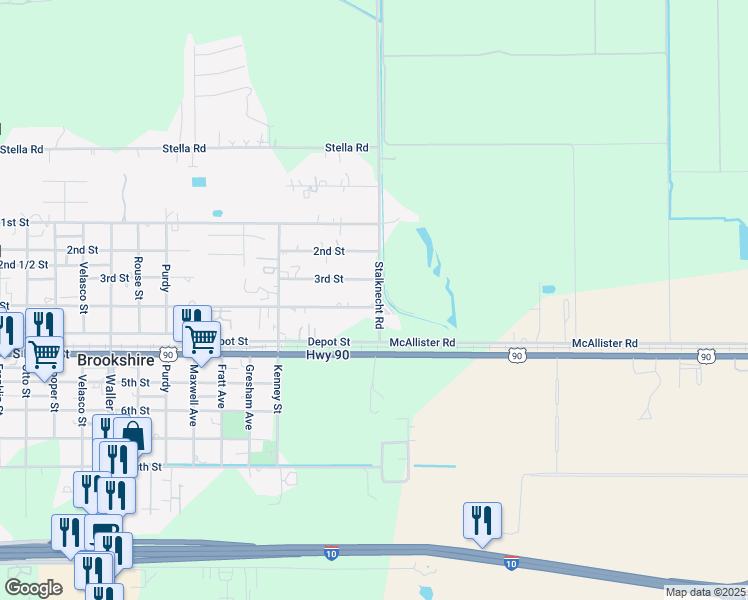 map of restaurants, bars, coffee shops, grocery stores, and more near 3102 4th Street in Brookshire