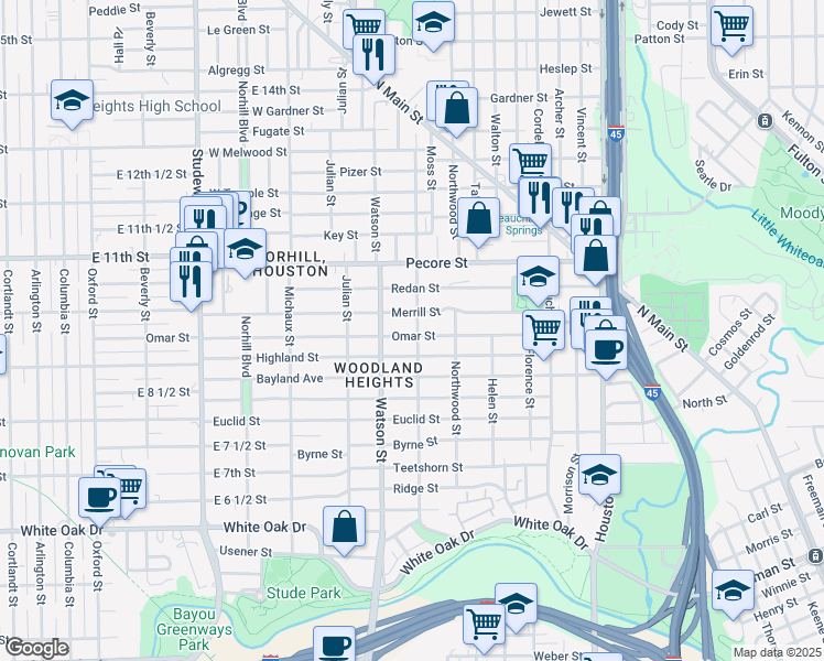 map of restaurants, bars, coffee shops, grocery stores, and more near 3412 Reagan Street in Houston