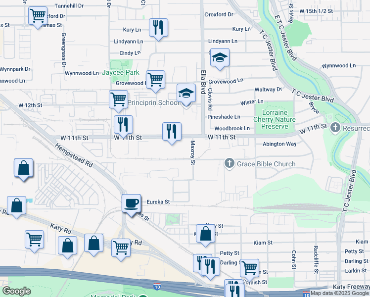 map of restaurants, bars, coffee shops, grocery stores, and more near 3001 West 11th Street in Houston