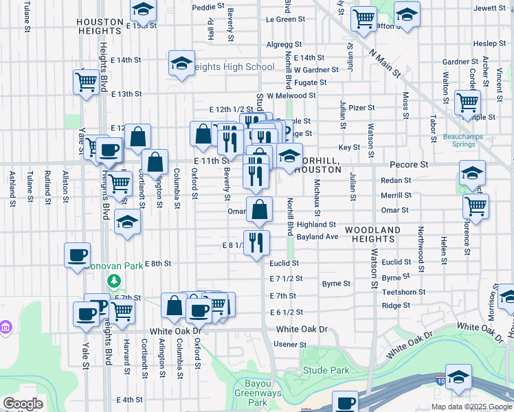 map of restaurants, bars, coffee shops, grocery stores, and more near 927 Studewood Street in Houston