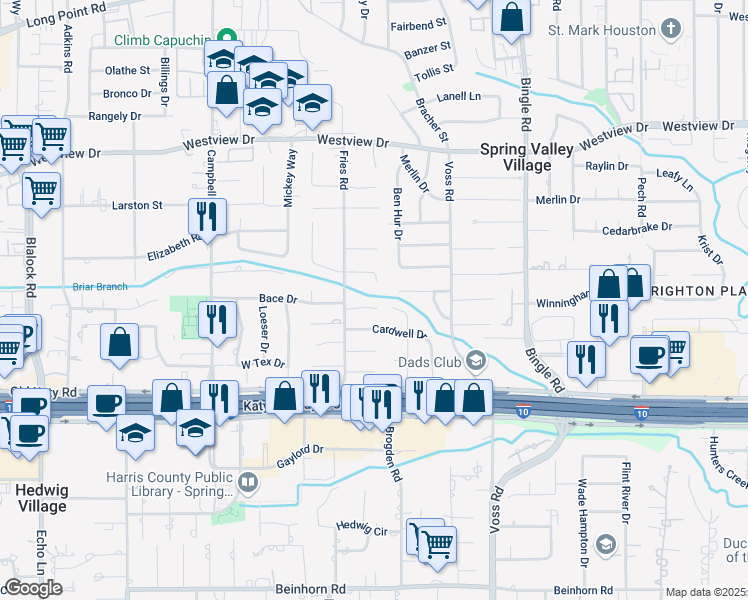 map of restaurants, bars, coffee shops, grocery stores, and more near 8802 Croes Drive in Houston
