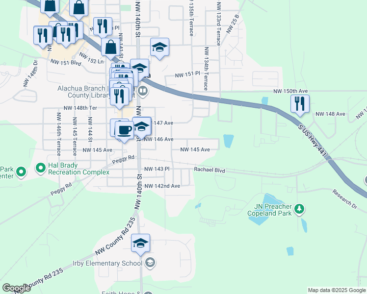 map of restaurants, bars, coffee shops, grocery stores, and more near 13624 Northwest 145 Avenue in Alachua