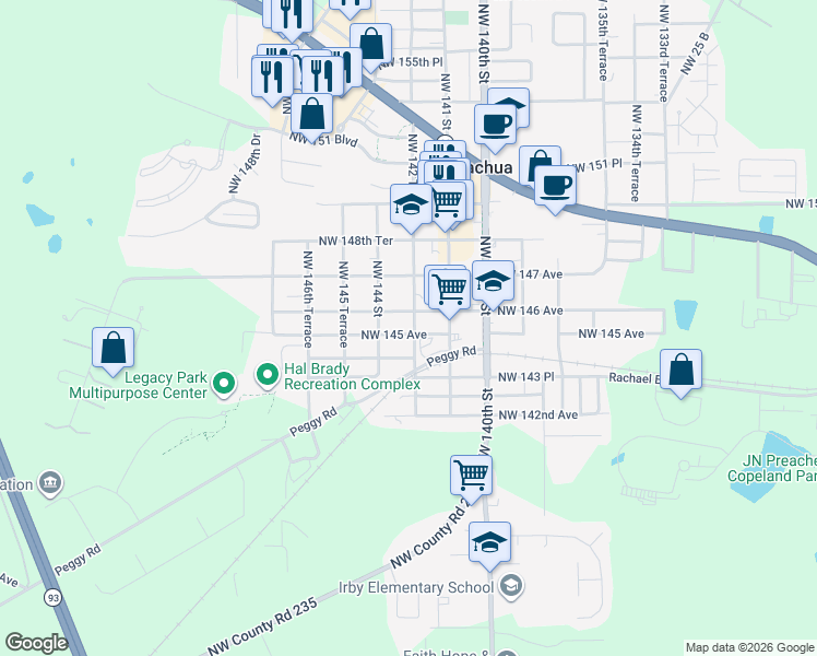 map of restaurants, bars, coffee shops, grocery stores, and more near 14515 Northwest 142 Terrace in Alachua