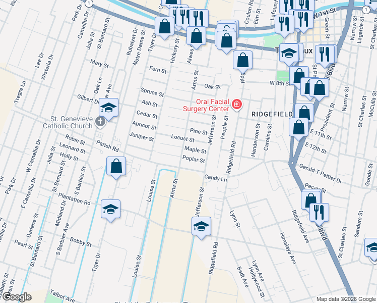 map of restaurants, bars, coffee shops, grocery stores, and more near 600 Maple Street in Thibodaux