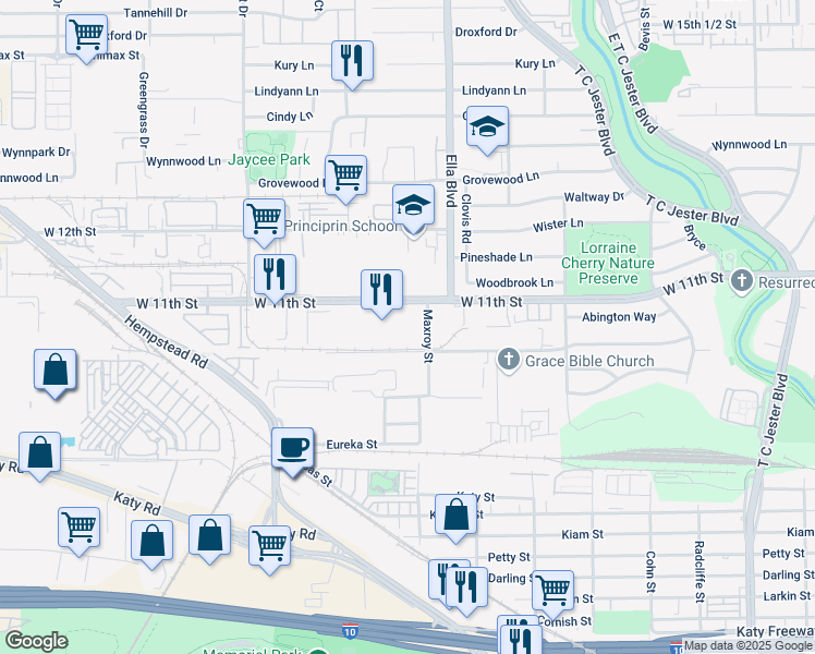 map of restaurants, bars, coffee shops, grocery stores, and more near 3001 West 11th Street in Houston