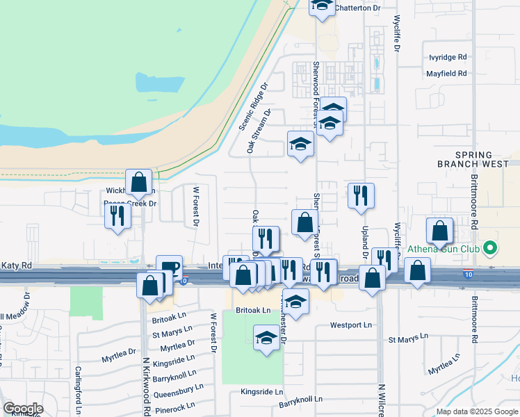 map of restaurants, bars, coffee shops, grocery stores, and more near 11315 Valley Stream Drive in Houston