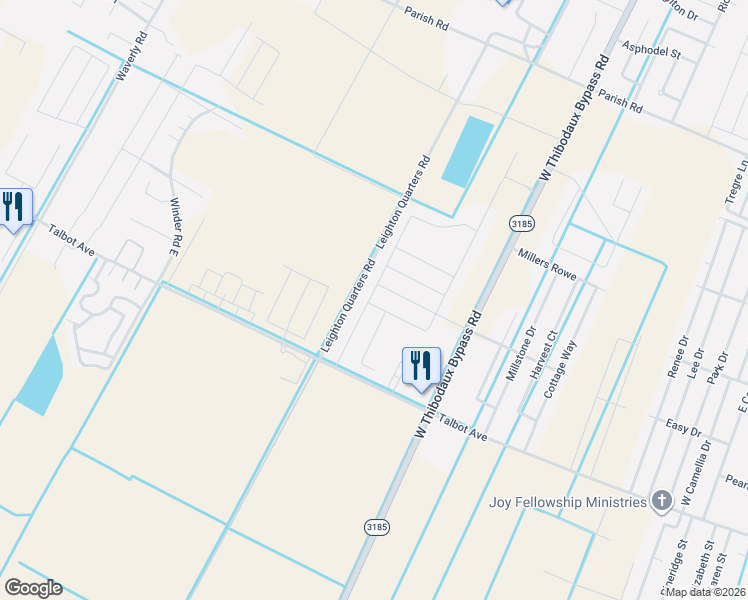 map of restaurants, bars, coffee shops, grocery stores, and more near Leighton Quarters Road in Thibodaux