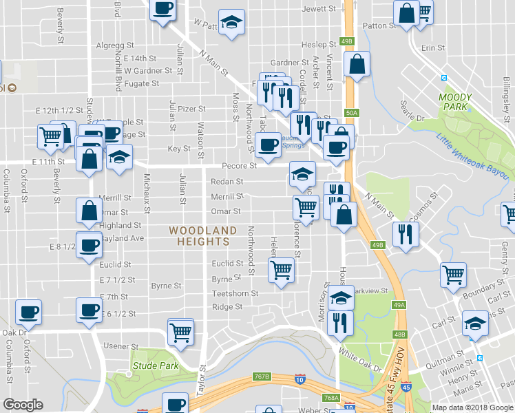 map of restaurants, bars, coffee shops, grocery stores, and more near 521 Omar Street in Houston