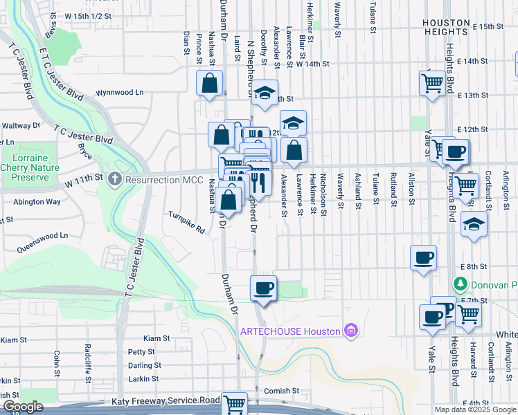 map of restaurants, bars, coffee shops, grocery stores, and more near 943 Dorothy Street in Houston