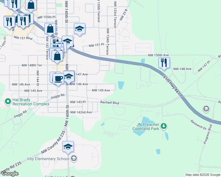 map of restaurants, bars, coffee shops, grocery stores, and more near 13406 Northwest 145 Avenue in Alachua