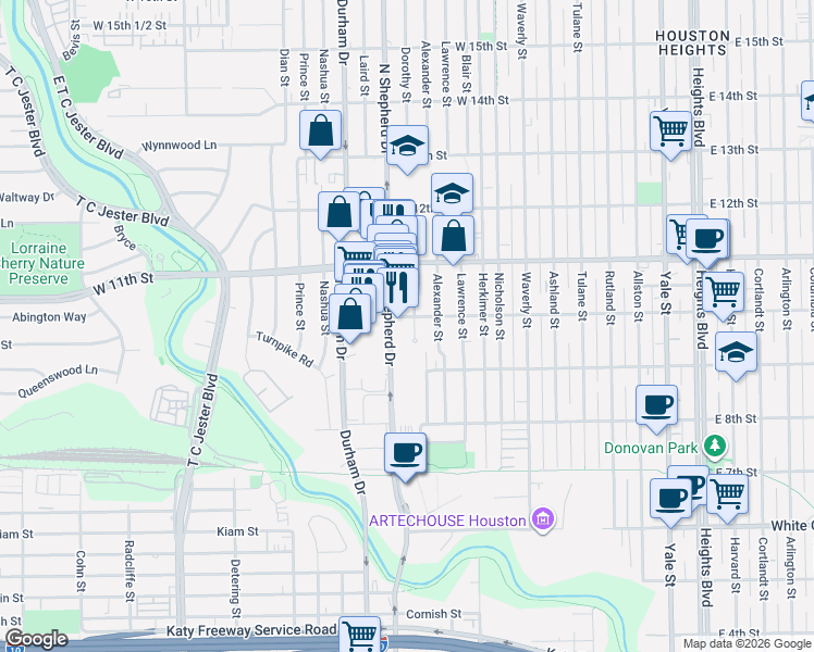 map of restaurants, bars, coffee shops, grocery stores, and more near 943 Dorothy Street in Houston