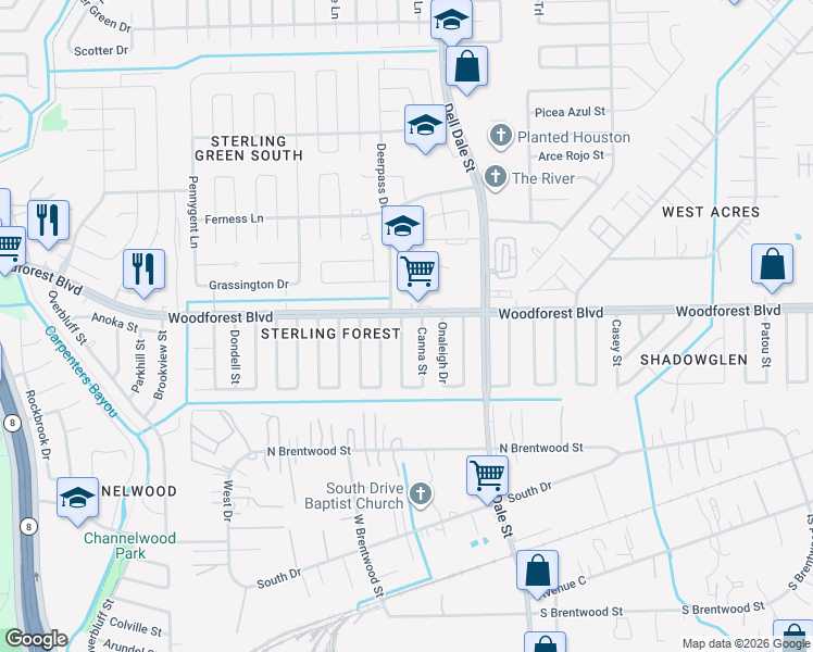 map of restaurants, bars, coffee shops, grocery stores, and more near 826 Deerpass Drive in Channelview