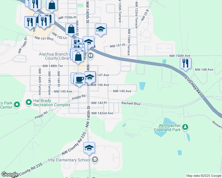 map of restaurants, bars, coffee shops, grocery stores, and more near 13624 Northwest 145 Avenue in Alachua