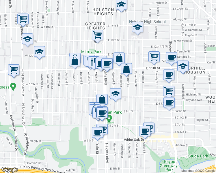 map of restaurants, bars, coffee shops, grocery stores, and more near 944 Heights Boulevard in Houston