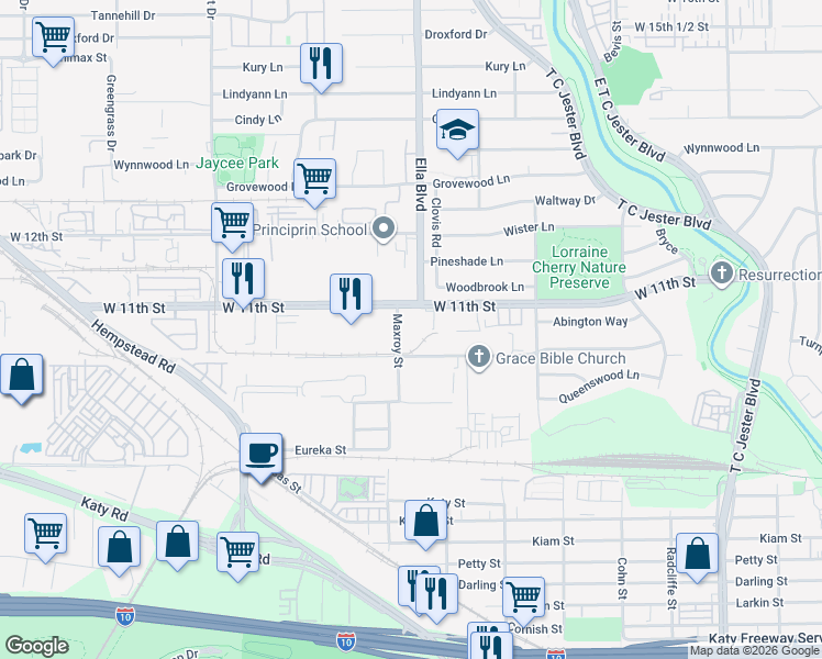 map of restaurants, bars, coffee shops, grocery stores, and more near 2825 W 11th St in Houston
