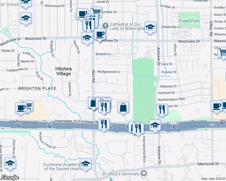 map of restaurants, bars, coffee shops, grocery stores, and more near 7710 Edgeway Drive in Houston