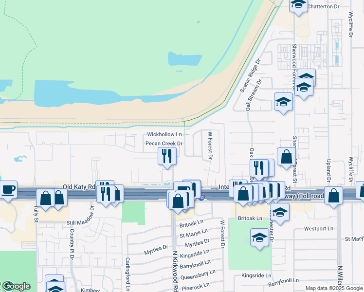 map of restaurants, bars, coffee shops, grocery stores, and more near 1318 Reddleshire Lane in Houston