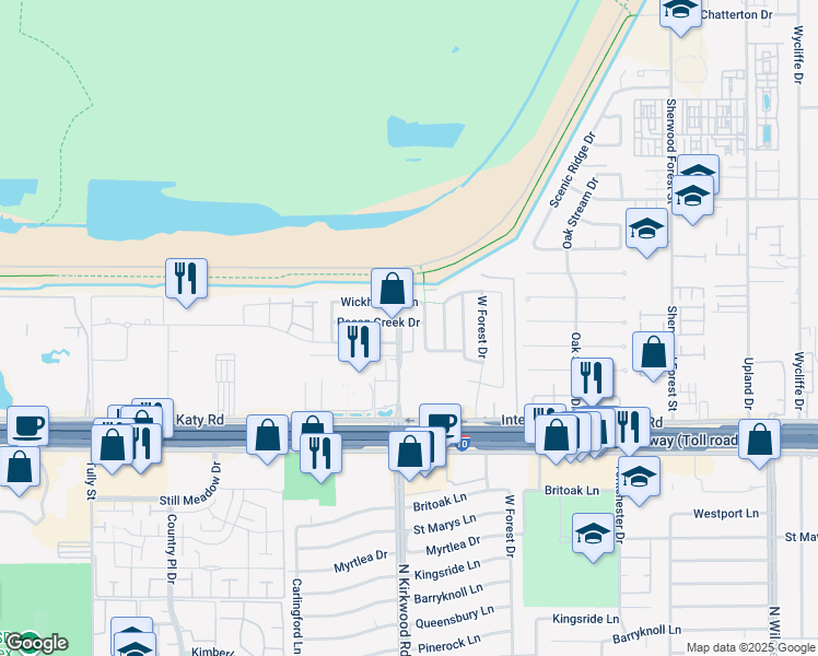 map of restaurants, bars, coffee shops, grocery stores, and more near 11703 Pecan Creek Drive in Houston
