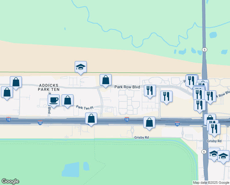 map of restaurants, bars, coffee shops, grocery stores, and more near 15721 Park Row in Houston