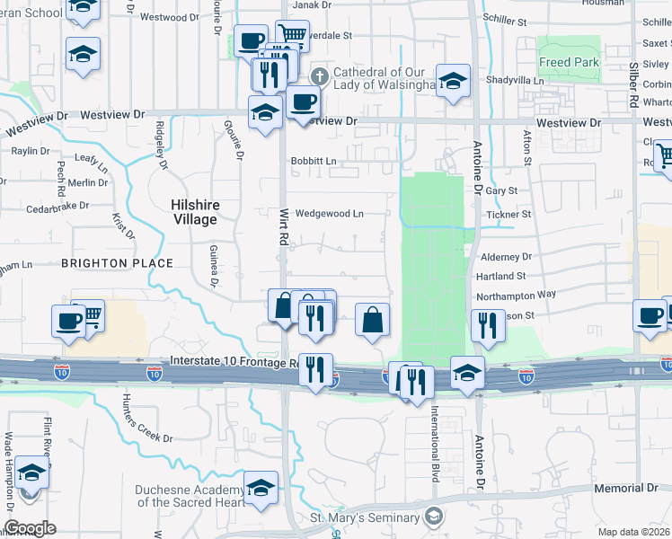 map of restaurants, bars, coffee shops, grocery stores, and more near 7710 Edgeway Drive in Houston