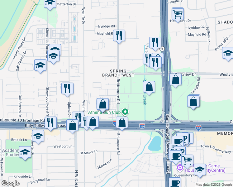 map of restaurants, bars, coffee shops, grocery stores, and more near 1095 Brittmoore Road in Houston