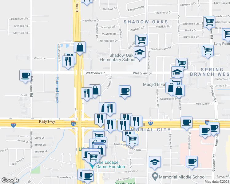 map of restaurants, bars, coffee shops, grocery stores, and more near 10 in Houston