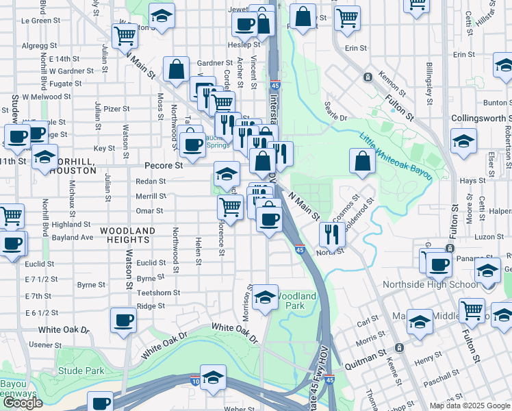 map of restaurants, bars, coffee shops, grocery stores, and more near 3324 Morrison Street in Houston