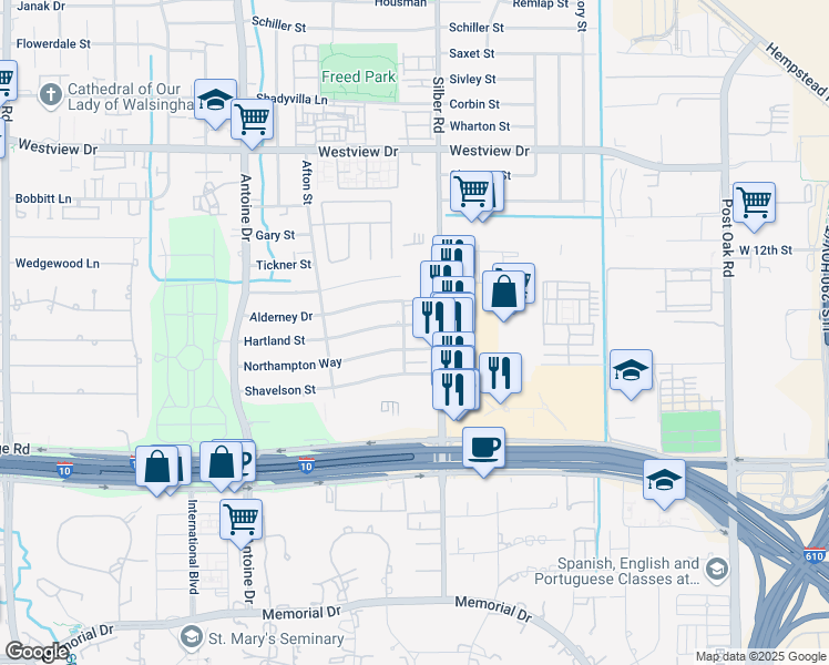 map of restaurants, bars, coffee shops, grocery stores, and more near 6819 Hartland Street in Houston