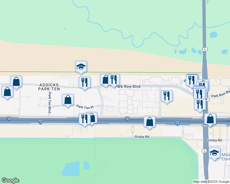 map of restaurants, bars, coffee shops, grocery stores, and more near 15721 Park Row Boulevard in Houston