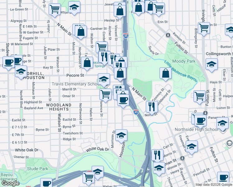 map of restaurants, bars, coffee shops, grocery stores, and more near 3324 Morrison Street in Houston