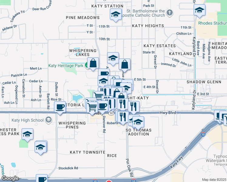 map of restaurants, bars, coffee shops, grocery stores, and more near 5718 3rd Street in Katy