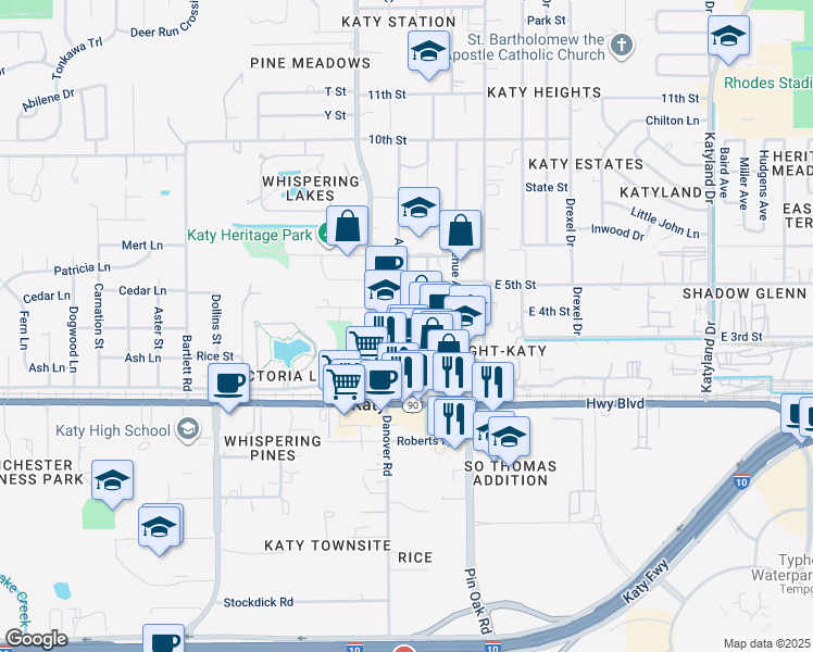 map of restaurants, bars, coffee shops, grocery stores, and more near 5718 3rd Street in Katy