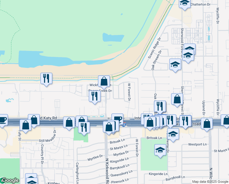 map of restaurants, bars, coffee shops, grocery stores, and more near 1318 Reddleshire Lane in Houston