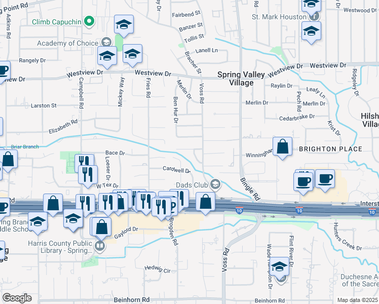 map of restaurants, bars, coffee shops, grocery stores, and more near 8823 Winningham Lane in Houston