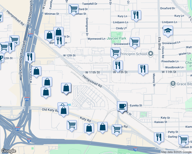 map of restaurants, bars, coffee shops, grocery stores, and more near 1039 Vaulted Oak Street in Houston